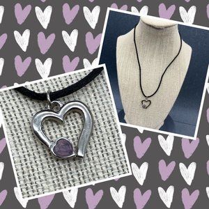 Open Heart Pendant Necklace 17 In Silver Purple Frosty Rhinestone Valentine Love